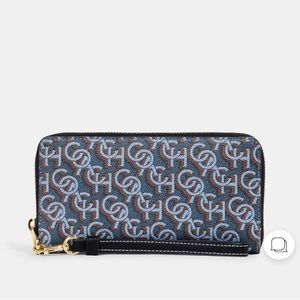 NWT Coach Navy Gold Long Zip Around Wallet With Coach Monogram Print